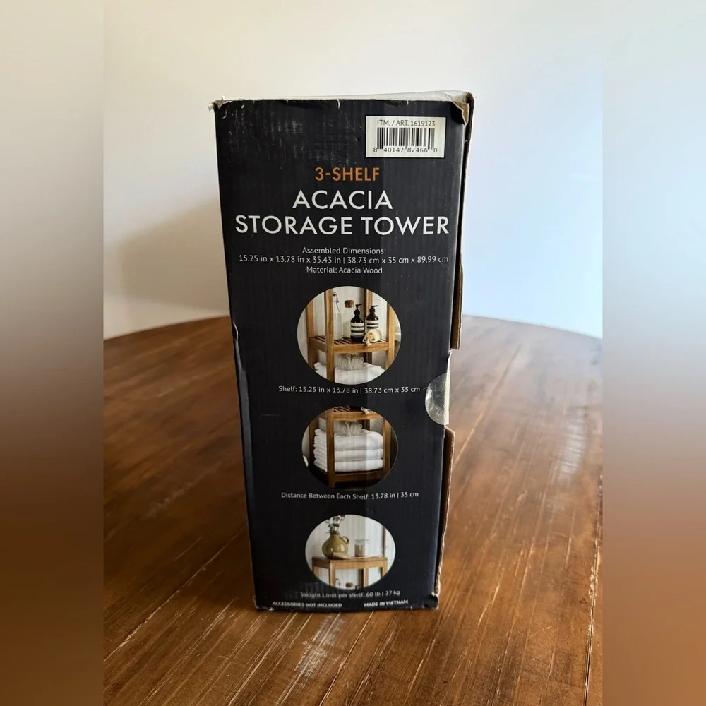 Mesa 3 Tier Acacia Storage Tower Wooden Bathroom Shelf - Natural Brown Brand New